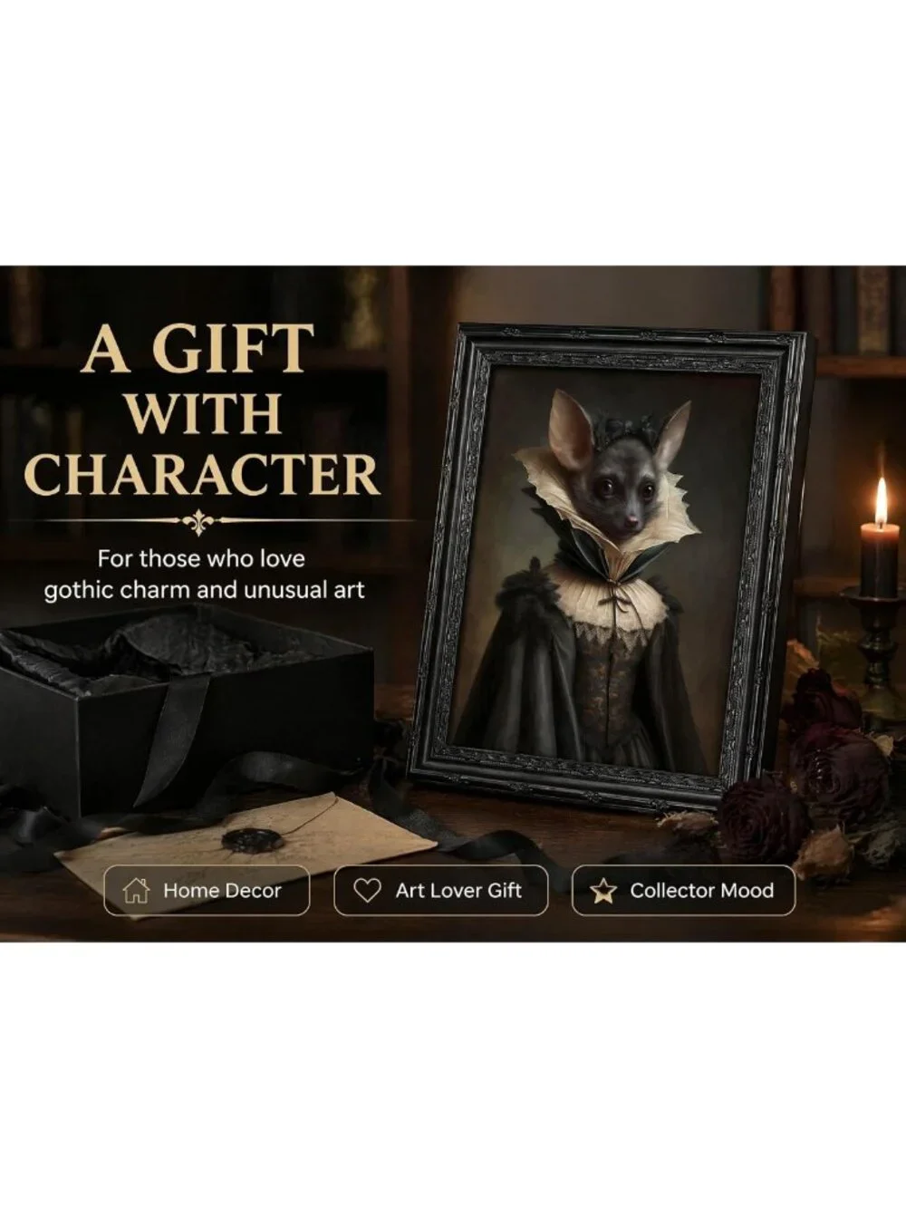 Gothic Bat Lady Canvas Wall Art | Vintage Black Framed Decor for Bedroom